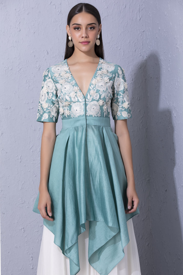 White Garden Handkerchief Hem Tunic And Sharara Set