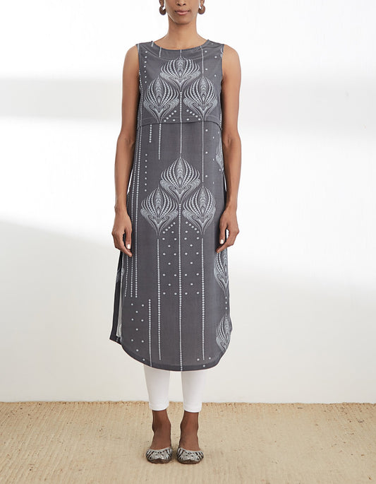 Grey Printed Sleeveless Tunic