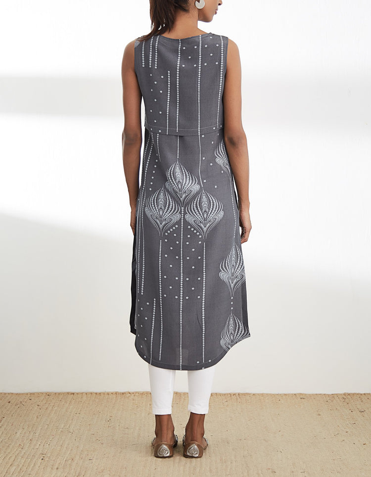 Grey Printed Sleeveless Tunic