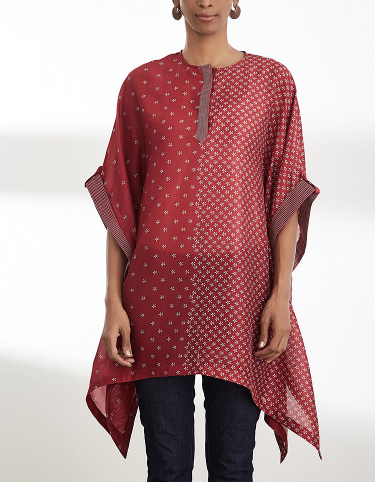 Maroon Asymmetric Printed Kaftan