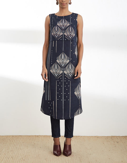 Midnight Blue Printed Sleeveless Tunic