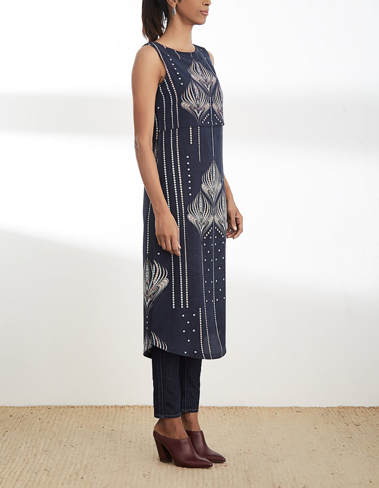 Midnight Blue Printed Sleeveless Tunic