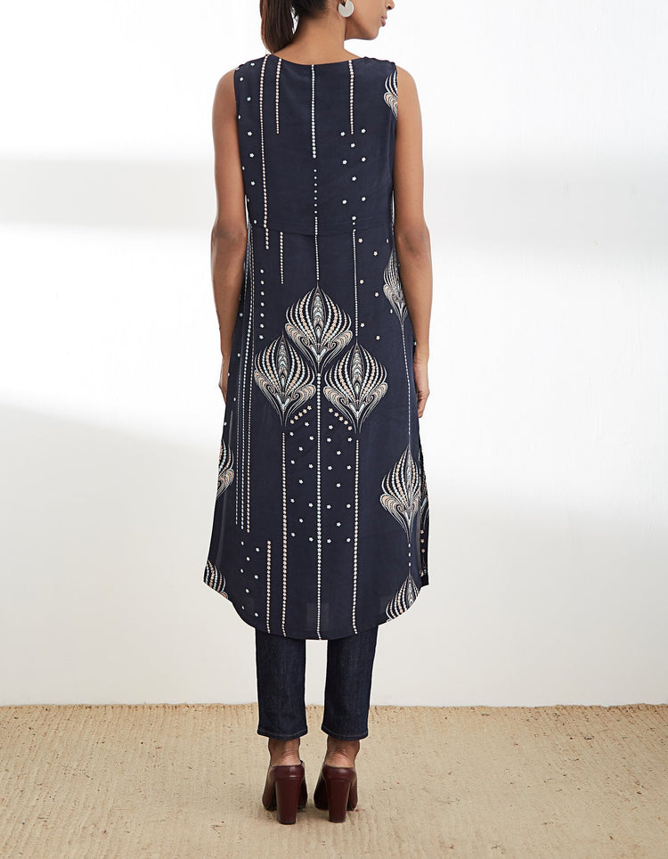Midnight Blue Printed Sleeveless Tunic