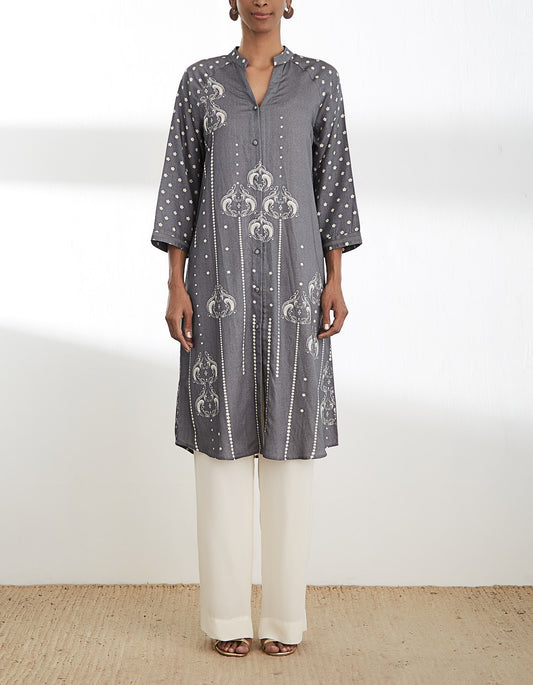 Grey Printed Cotton Satin Tunic
