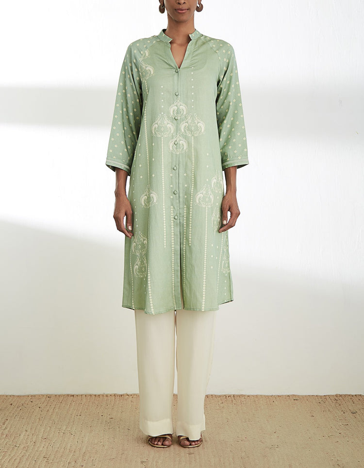 Sage Green Printed Cotton Satin Tunic