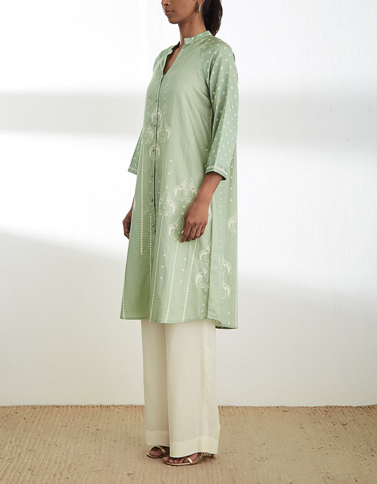 Sage Green Printed Cotton Satin Tunic
