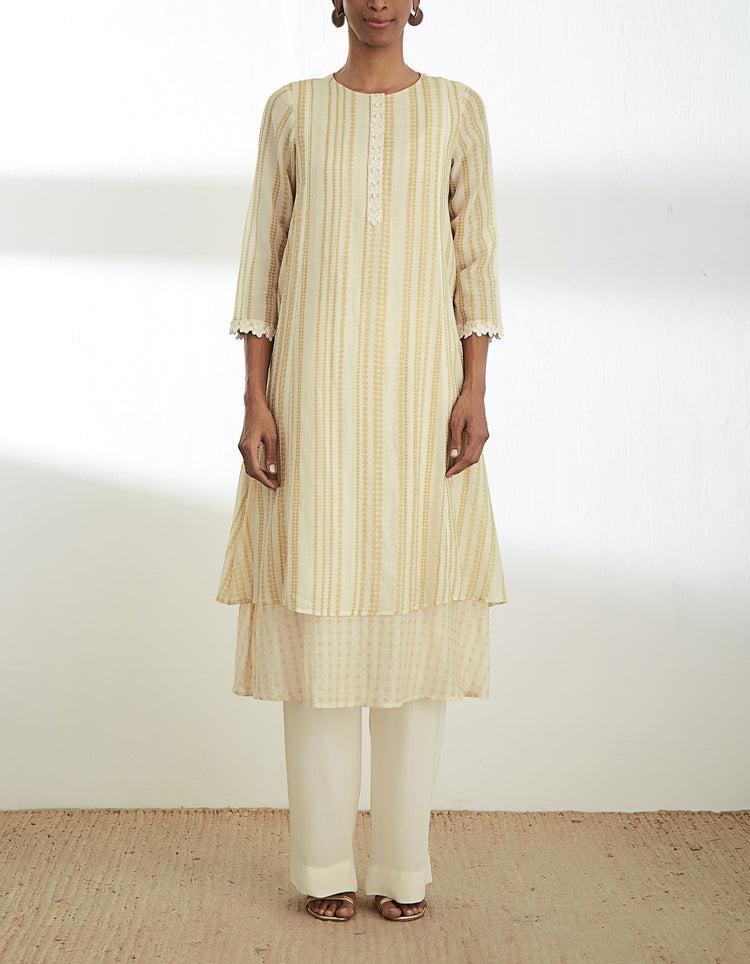 Mustard Printed Long Double Layer Kurta