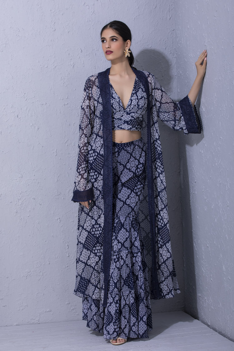 Moroccan Touch Indigo Printed Overlay and Sharara Set