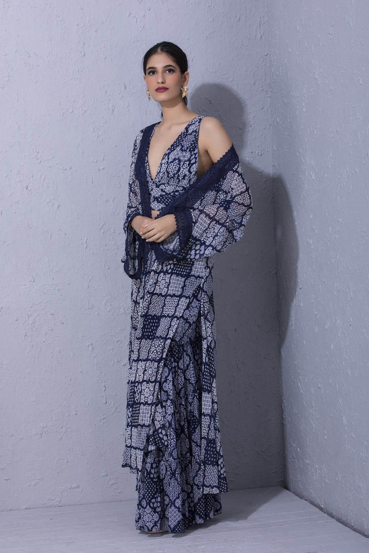 Moroccan Touch Indigo Printed Overlay and Sharara Set