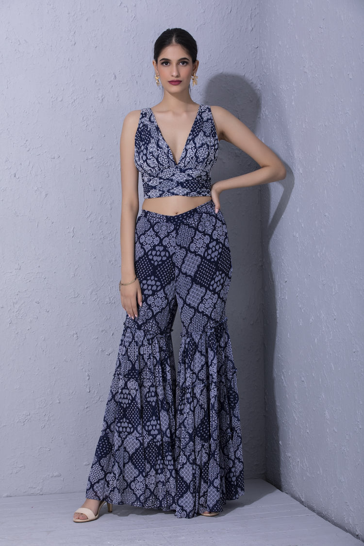 Moroccan Touch Indigo Printed Overlay and Sharara Set