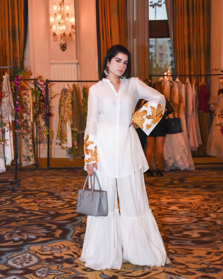Ivory Chiffon Flower Embroidery Tunic Set