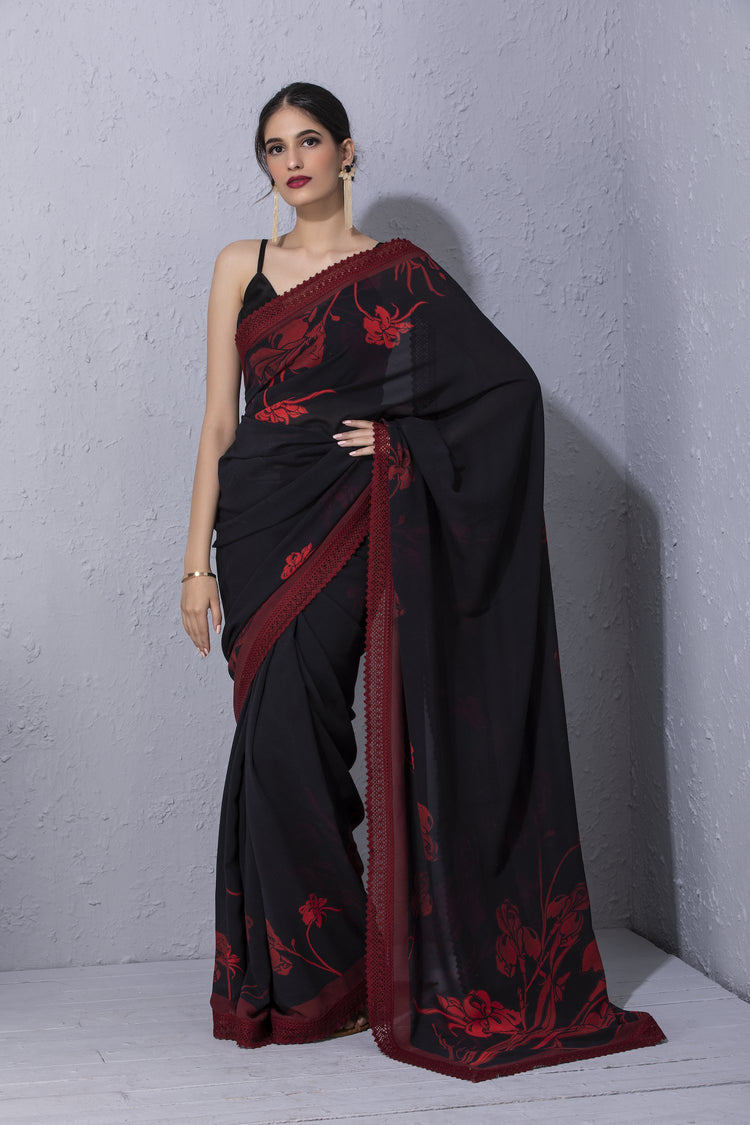 Iris Flower Black Printed Saree