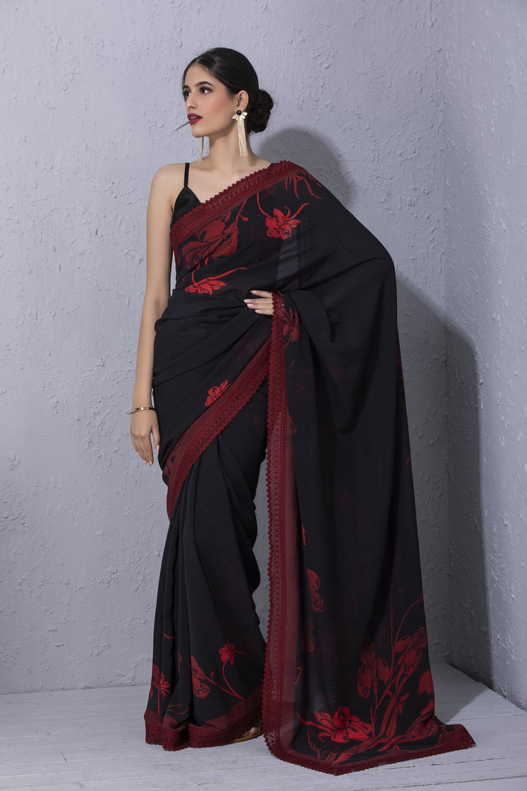 Iris Flower Black Printed Saree