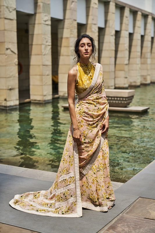 Pink Printed Saree with Mustard Blouse