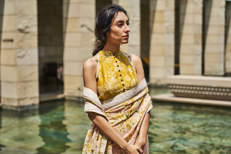 Pink Printed Saree with Mustard Blouse