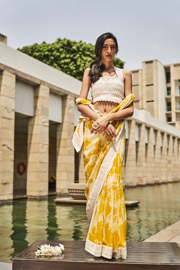 Yellow Printed Saree with Ivory Blouse