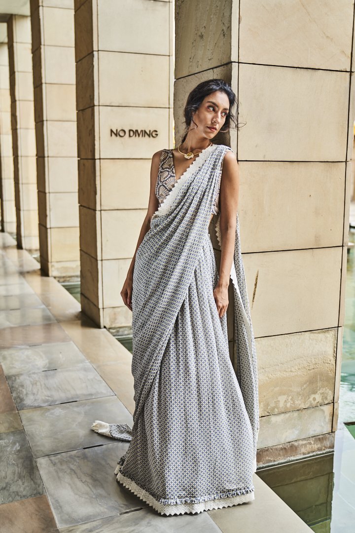 Ivory and Blue Gingham Check Pre Draped Saree with Blouse