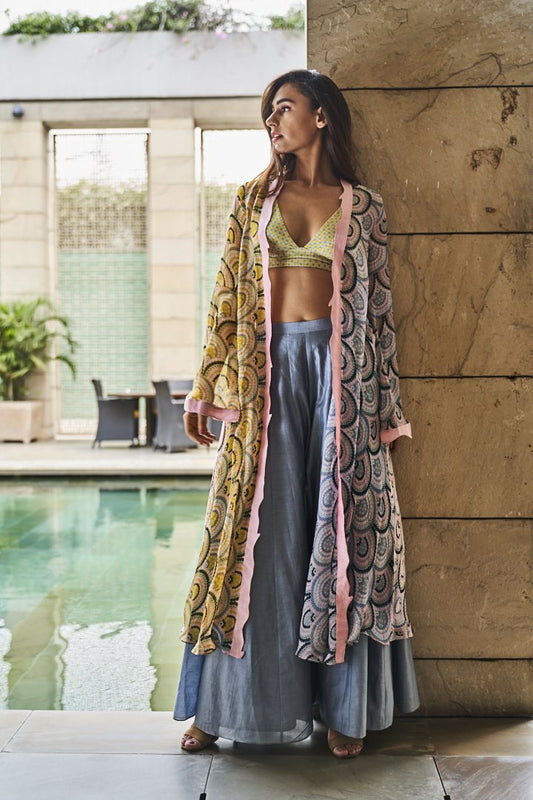 Printed Blouse , Pants and Scallop Jacket