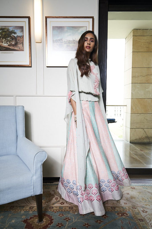 Powder Blue and Pink Lehenga Set