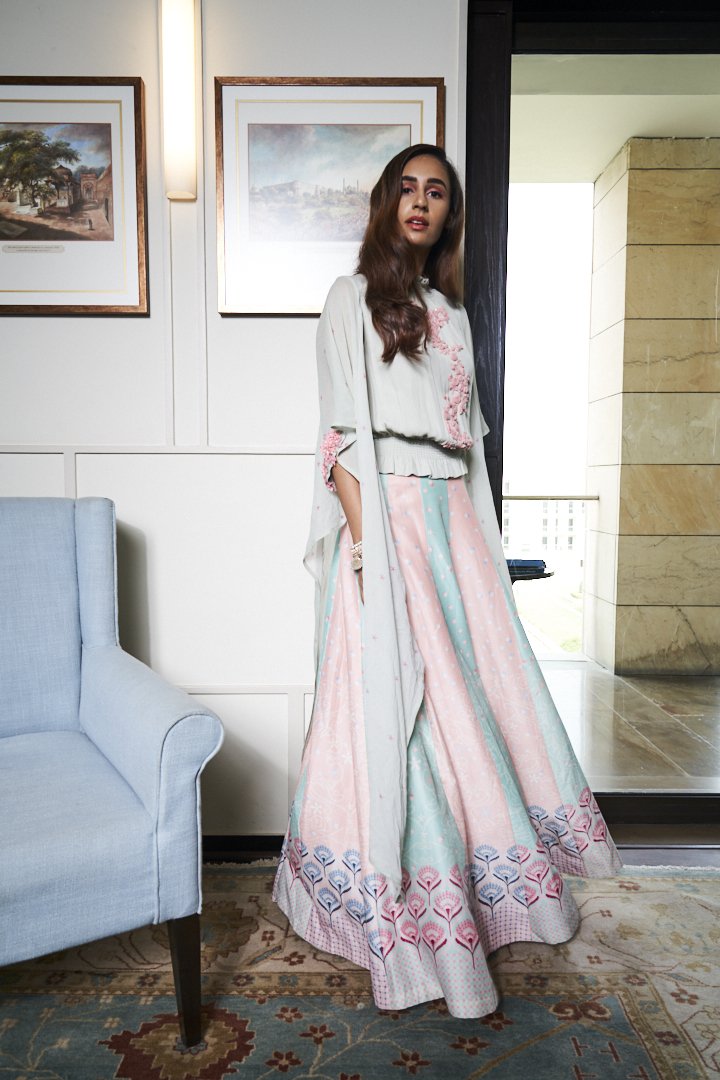 Powder Blue and Pink Lehenga Set