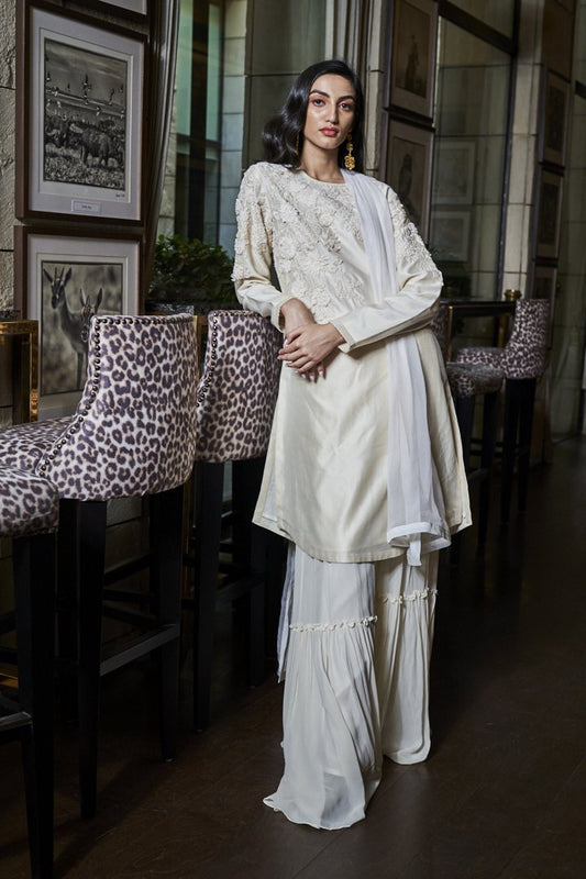 Ivory Chiffon Flower Work on Neck and Arms, Garara & Chiffon Dupatta