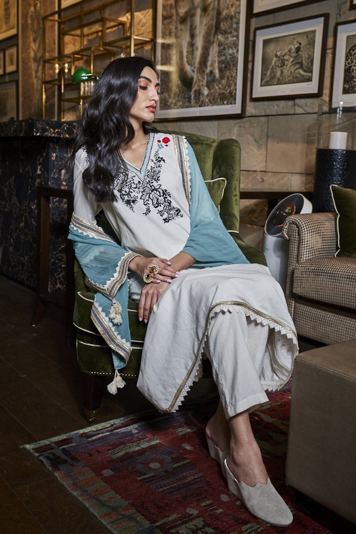Ivory and Blue tunic set