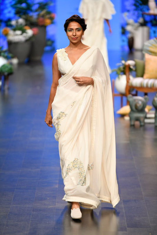 Ivory Sequence Wave Embroidered Saree Set