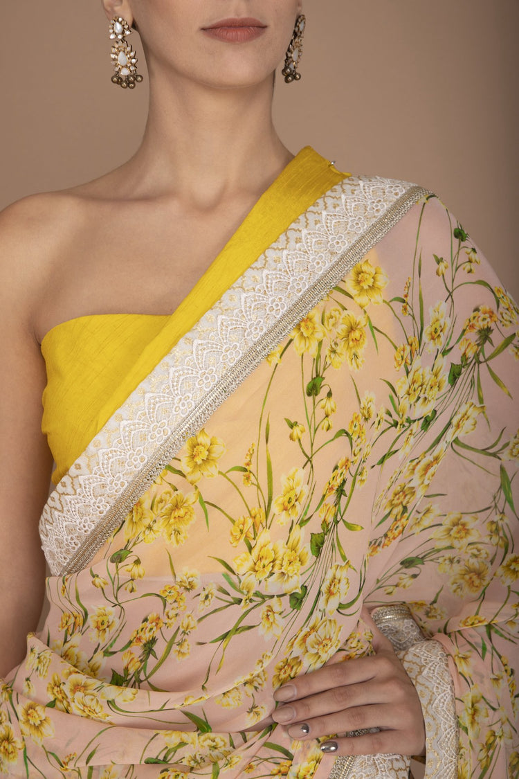 Pink Printed Saree with Mustard Blouse