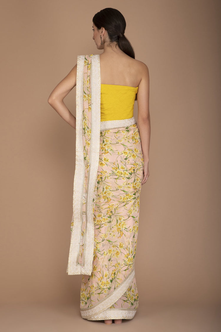Pink Printed Saree with Mustard Blouse