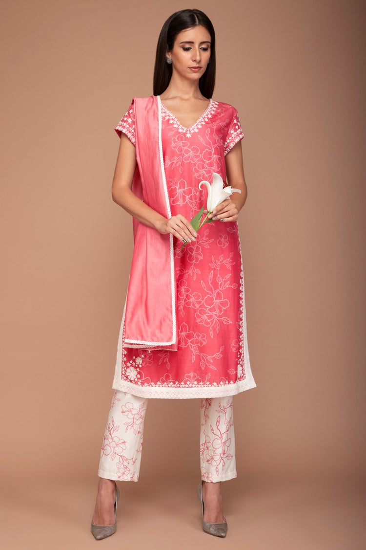 Bright Pink V-neck Digital Print Kurta and Flower Printed Pants with a Plain Dupatta