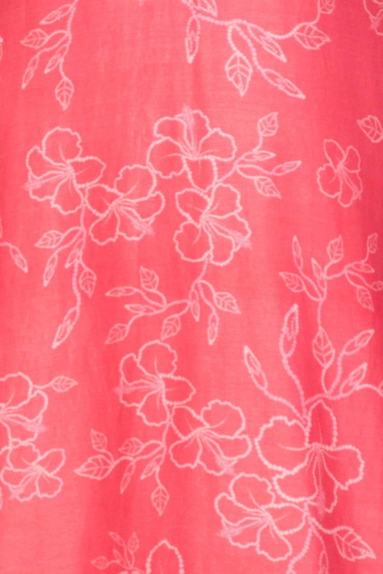 Bright Pink V-neck Digital Print Kurta and Flower Printed Pants with a Plain Dupatta