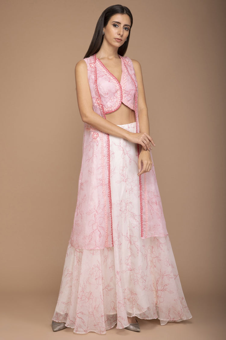 Pink Organza Crop Top with a Skirt and Cape