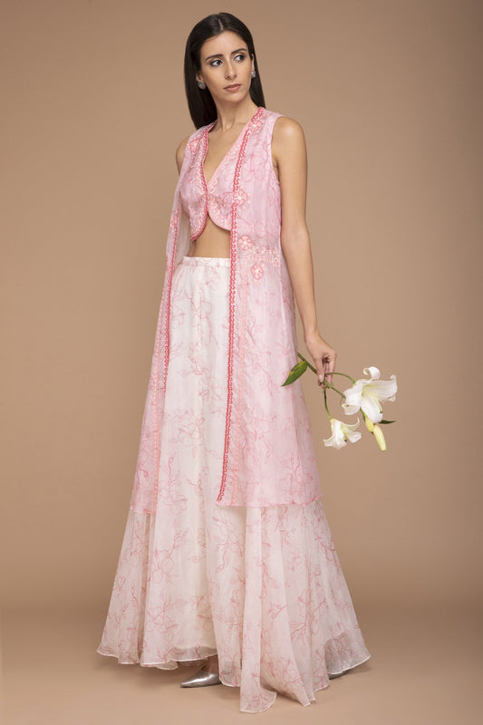 Pink Organza Crop Top with a Skirt and Cape