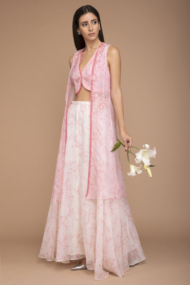 Pink Organza Crop Top with a Skirt and Cape