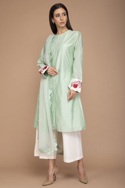 Mint Green Chanderi Kurta with Floral Motifs on the Cuffs with a Dupatta and Ivory Pants