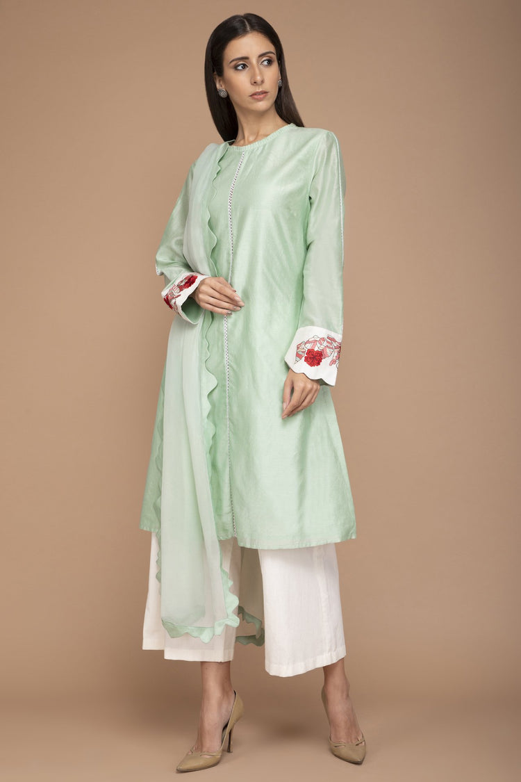 Mint Green Chanderi Kurta with Floral Motifs on the Cuffs with a Dupatta and Ivory Pants