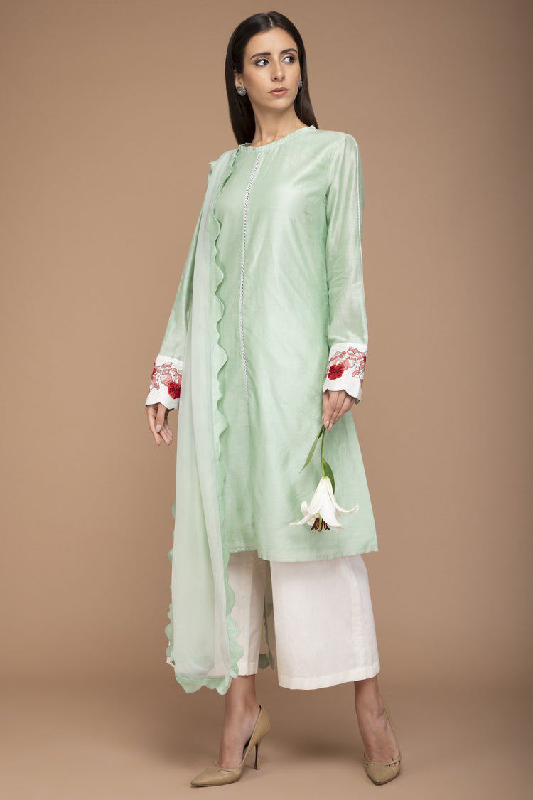 Mint Green Chanderi Kurta with Floral Motifs on the Cuffs with a Dupatta and Ivory Pants