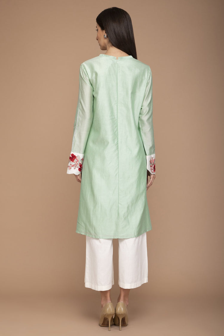 Mint Green Chanderi Kurta with Floral Motifs on the Cuffs with a Dupatta and Ivory Pants