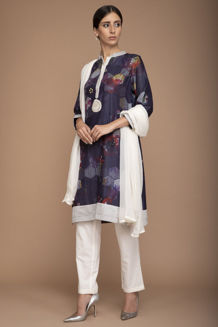 Navy Blue Printed Kurta with Pants and a Georgette Dupatta