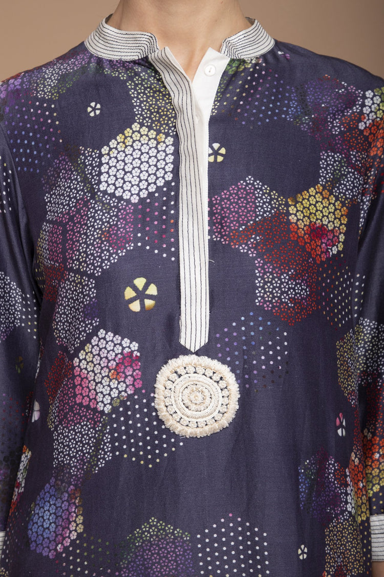 Navy Blue Printed Kurta with Pants and a Georgette Dupatta