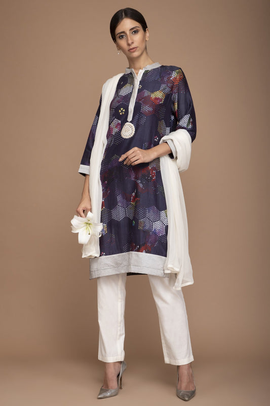 Navy Blue Printed Kurta with Pants and a Georgette Dupatta