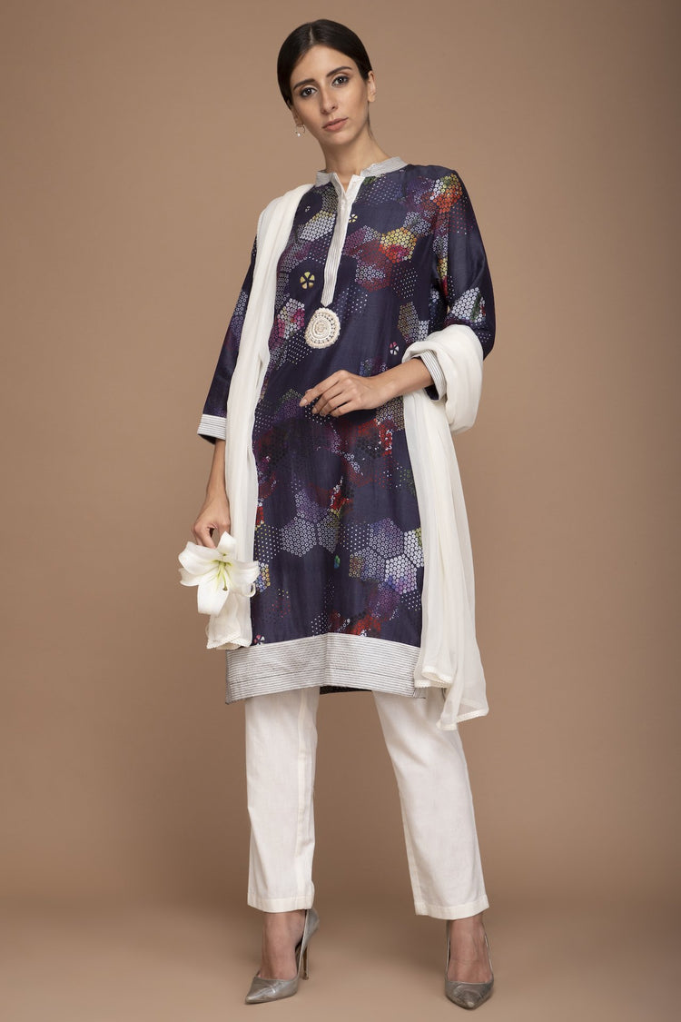 Navy Blue Printed Kurta with Pants and a Georgette Dupatta