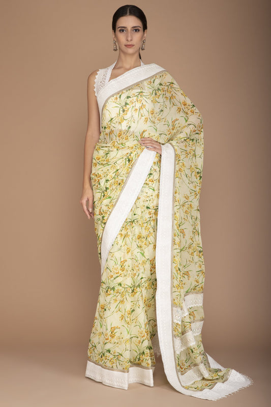 Yellow Printed Saree with Lace Embroidery All Over