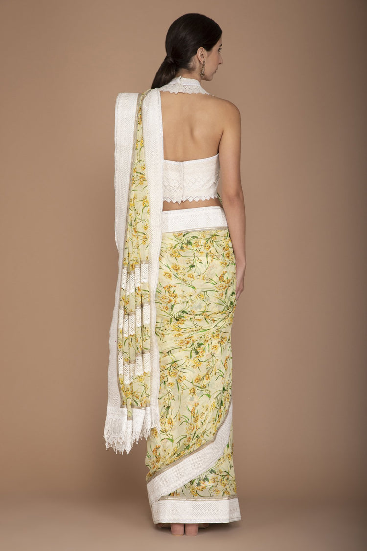 Yellow Printed Saree with Lace Embroidery All Over