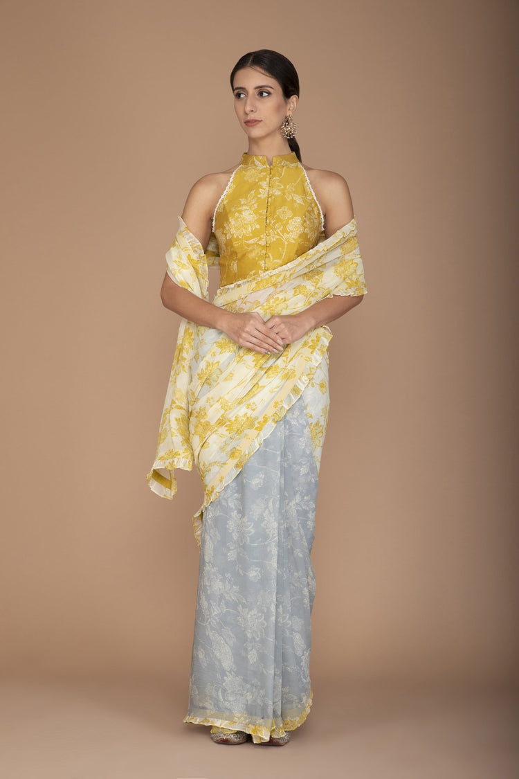 Printed Yellow and Blue Raw Silk Blouse, Chiffon Saree
