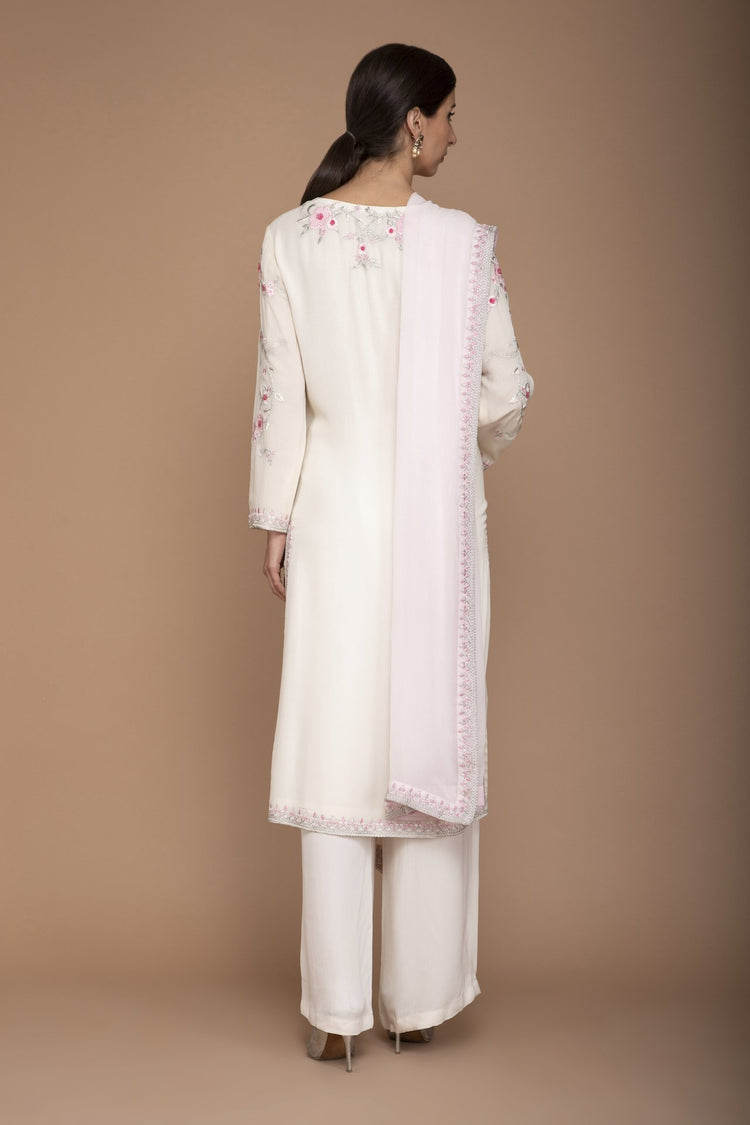 Ivory and Pink Georgette Kurta with Embroidery on Yoke and Pants with Dupatta