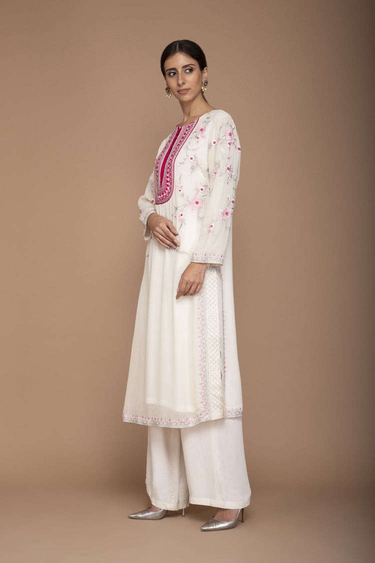 Ivory and Pink Georgette Kurta with Embroidery on Yoke and Pants with Dupatta