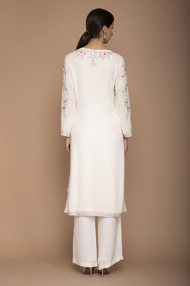 Ivory and Pink Georgette Kurta with Embroidery on Yoke and Pants with Dupatta