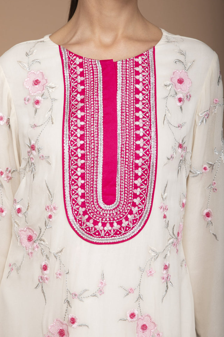 Ivory and Pink Georgette Kurta with Embroidery on Yoke and Pants with Dupatta