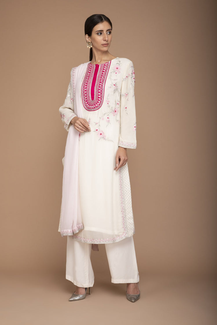 Ivory and Pink Georgette Kurta with Embroidery on Yoke and Pants with Dupatta